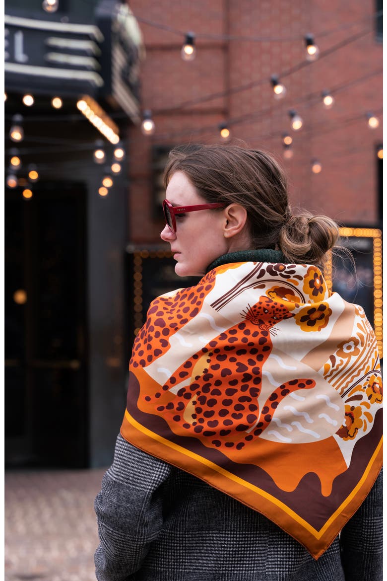 Double Sided Silk Scarf Of Leopards With Floral Fountain, Alternate, color, Brown