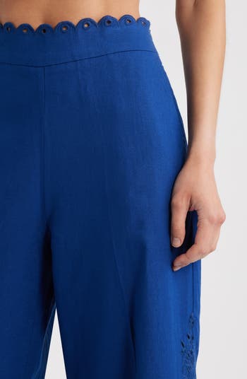 Richelieu Embroidery Detail Linen Blend Pants