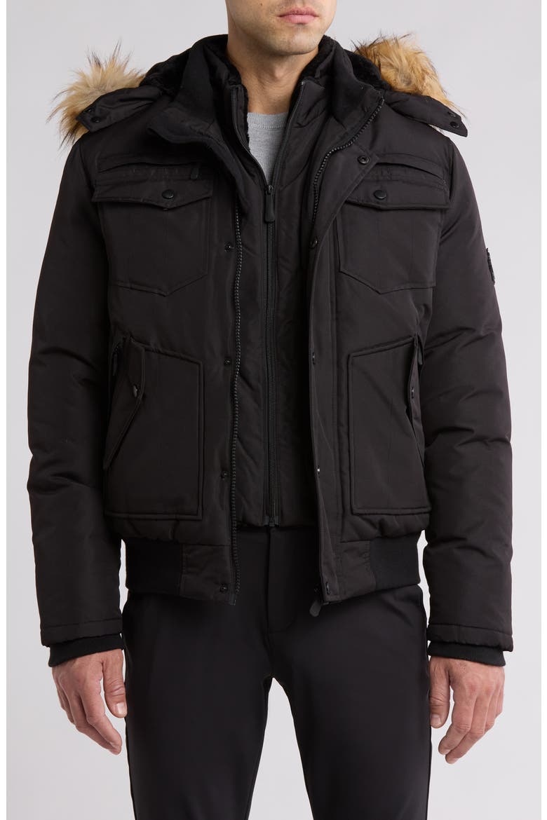 Faux Fur Trim Bomber Jacket, Alternate, color, BLACK/RACCOON