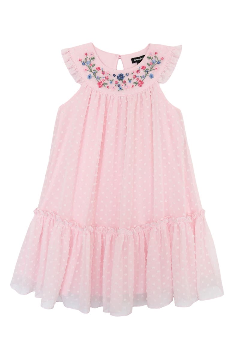 Zunie Kids' Embroidered Clip Dot Chiffon Party Dress, Main, color, Pink