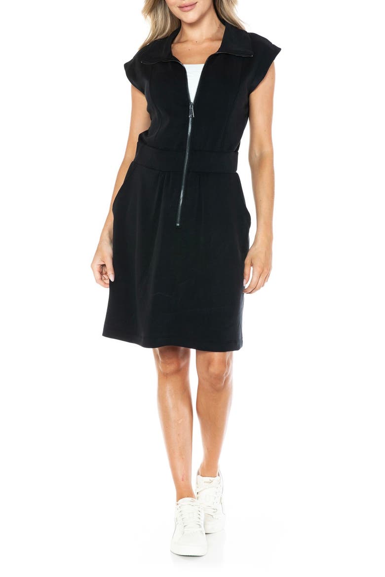 Cap Sleeve Zip Front Scuba Dress, Main, color, BLACK