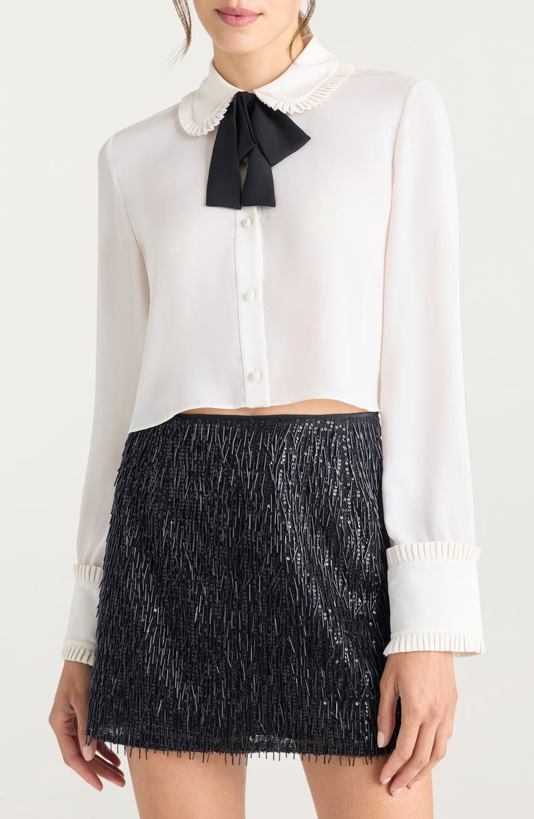 Cinq à Sept Zaida Contrast Bow Crop Button-Up Shirt, Main, color, Ivory/ Black