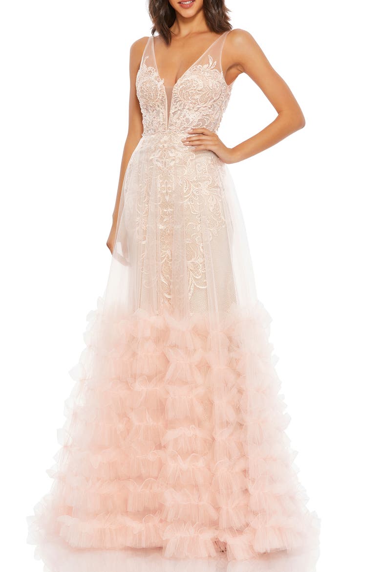 Sequin Lace Ruffle Tulle Overlay Sheath Gown, Main, color, PEACH