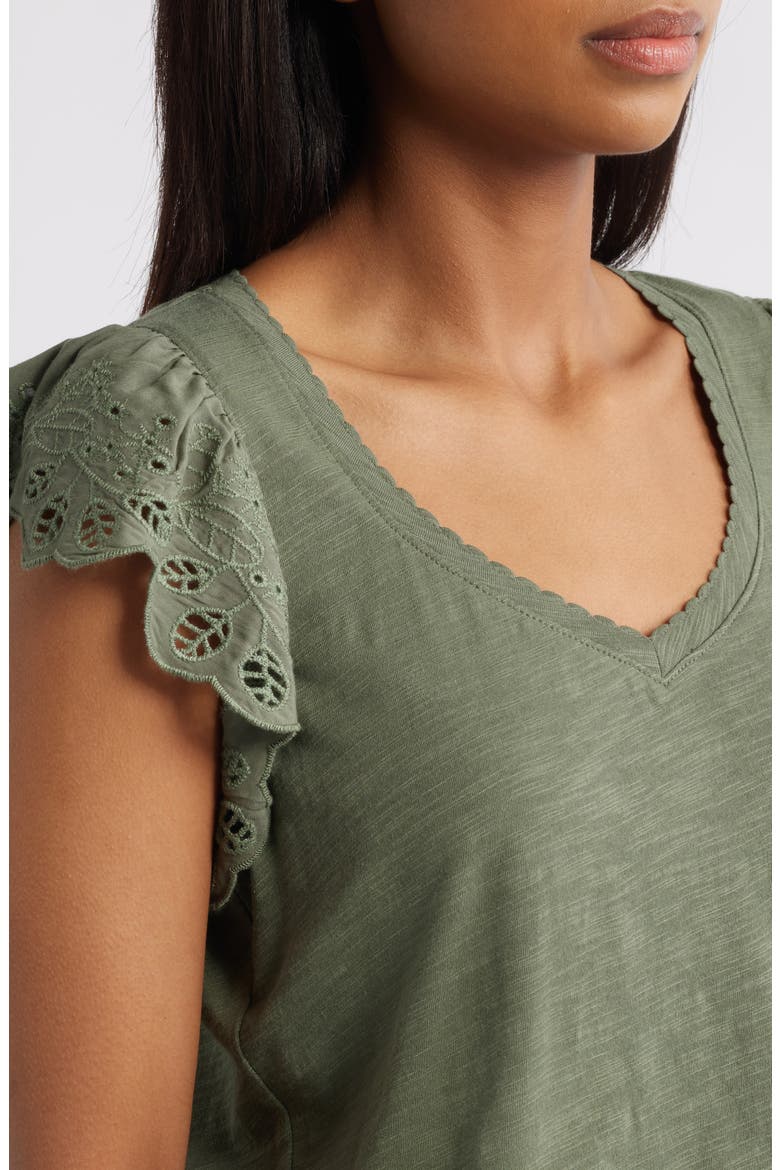 Eyelet Flutter Sleeve Jersey T-Shirt, Alternate, color, OREG-OREGANO