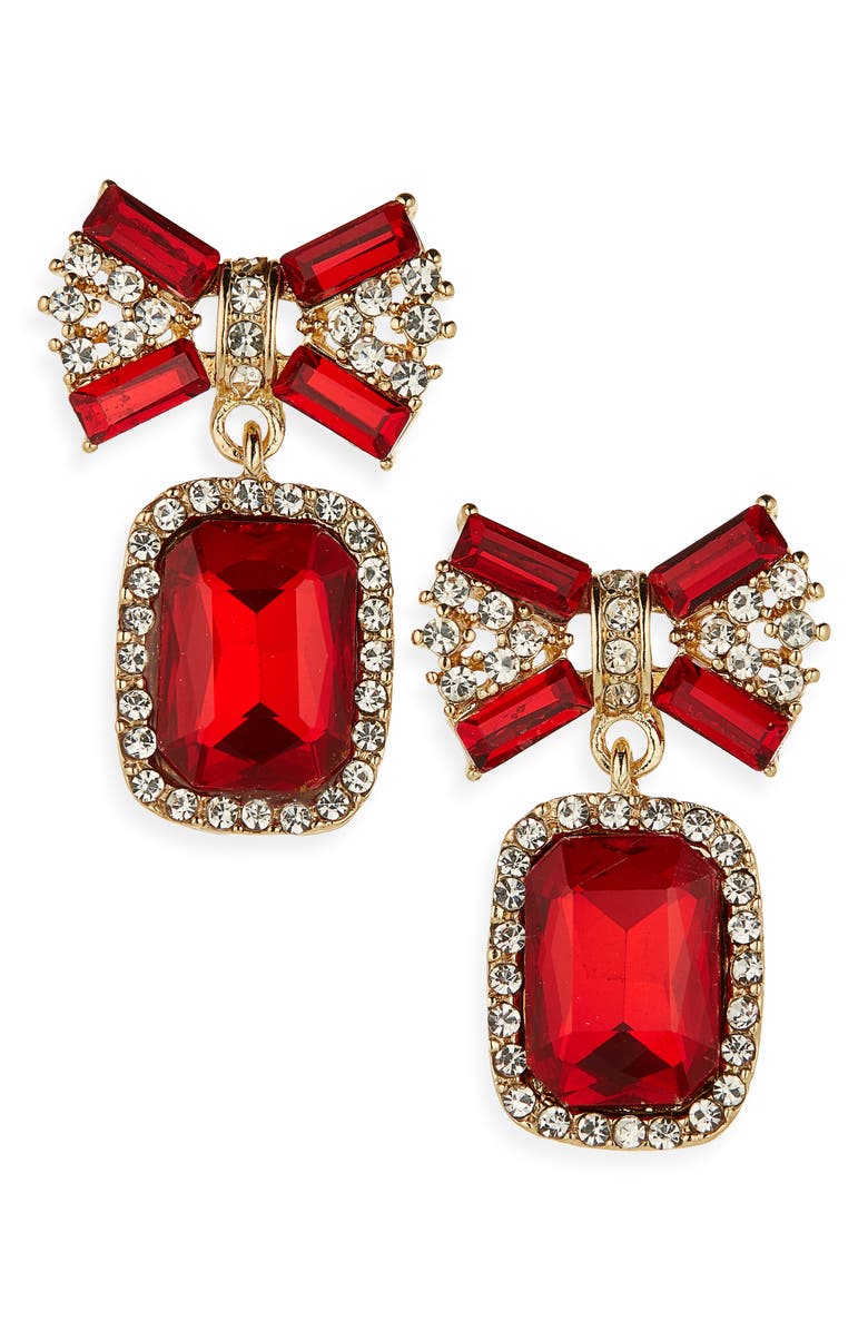 Cara Bow Top Crystal Drop Earrings, Main, color, Red