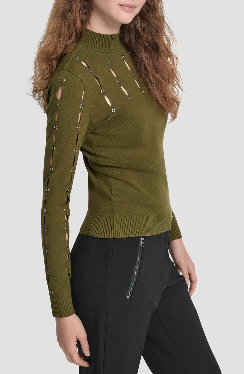 DKNY Grommet Cutout Detail Mock Neck Sweater, Alternate, color, Dark Olive