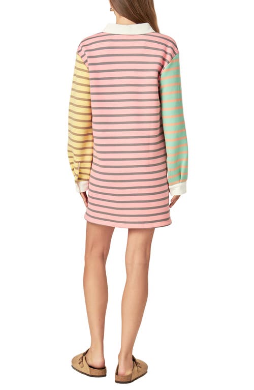 English Factory Colorblock Stripe Long Sleeve Polo Dress In Pink Multi