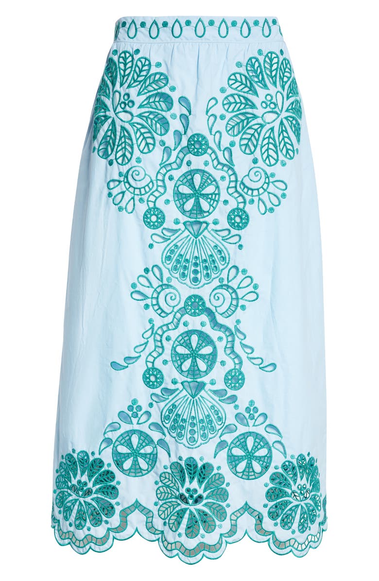FARM Rio Eyelet Embroidery Cotton Midi Skirt, Alternate, color, Light Blue And Green