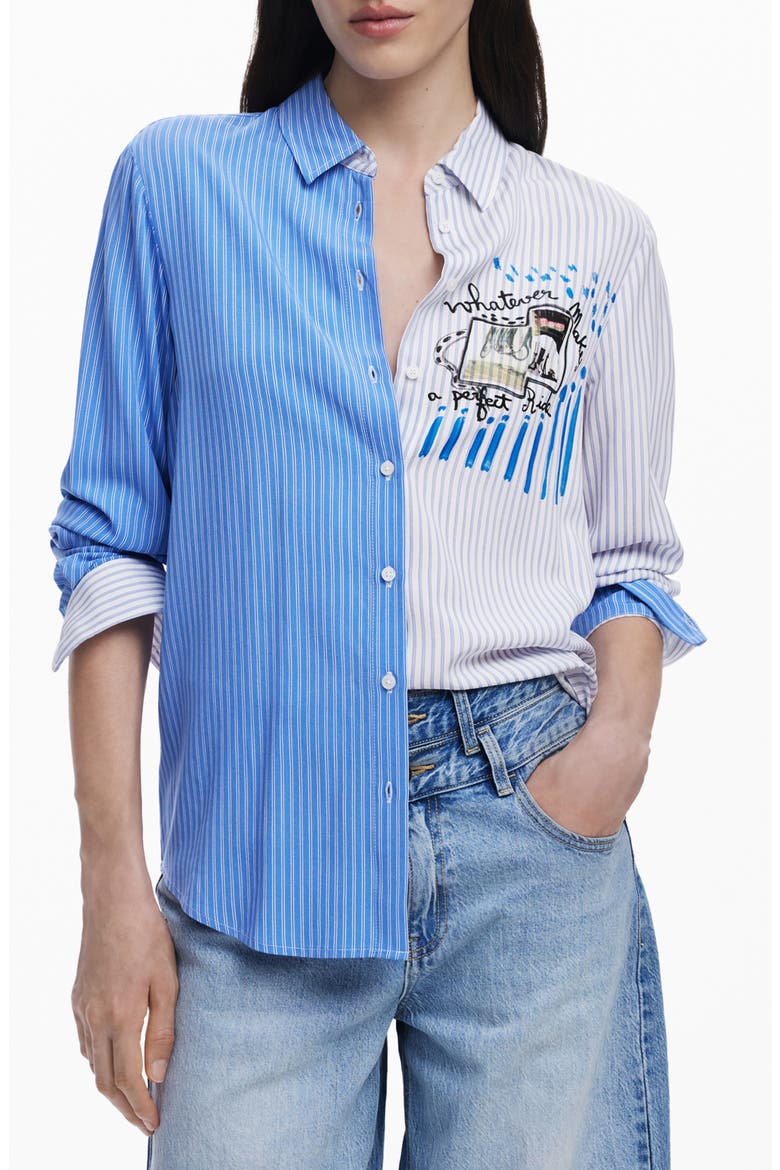 Colorblock Stripe Cotton Button-Up Shirt, Main, color, LIGHT BLUE