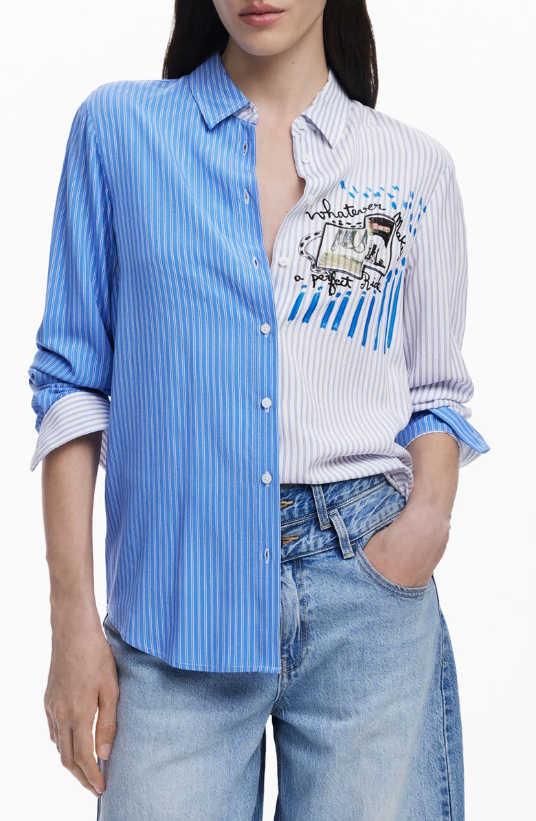 Desigual Colorblock Stripe Cotton Button-Up Shirt, Main, color, Light Blue