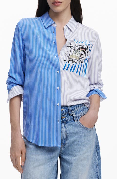Colorblock Stripe Cotton Button-Up Shirt