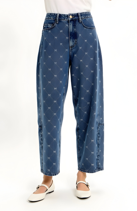 Embroidered Denim Barrel Leg Trousers