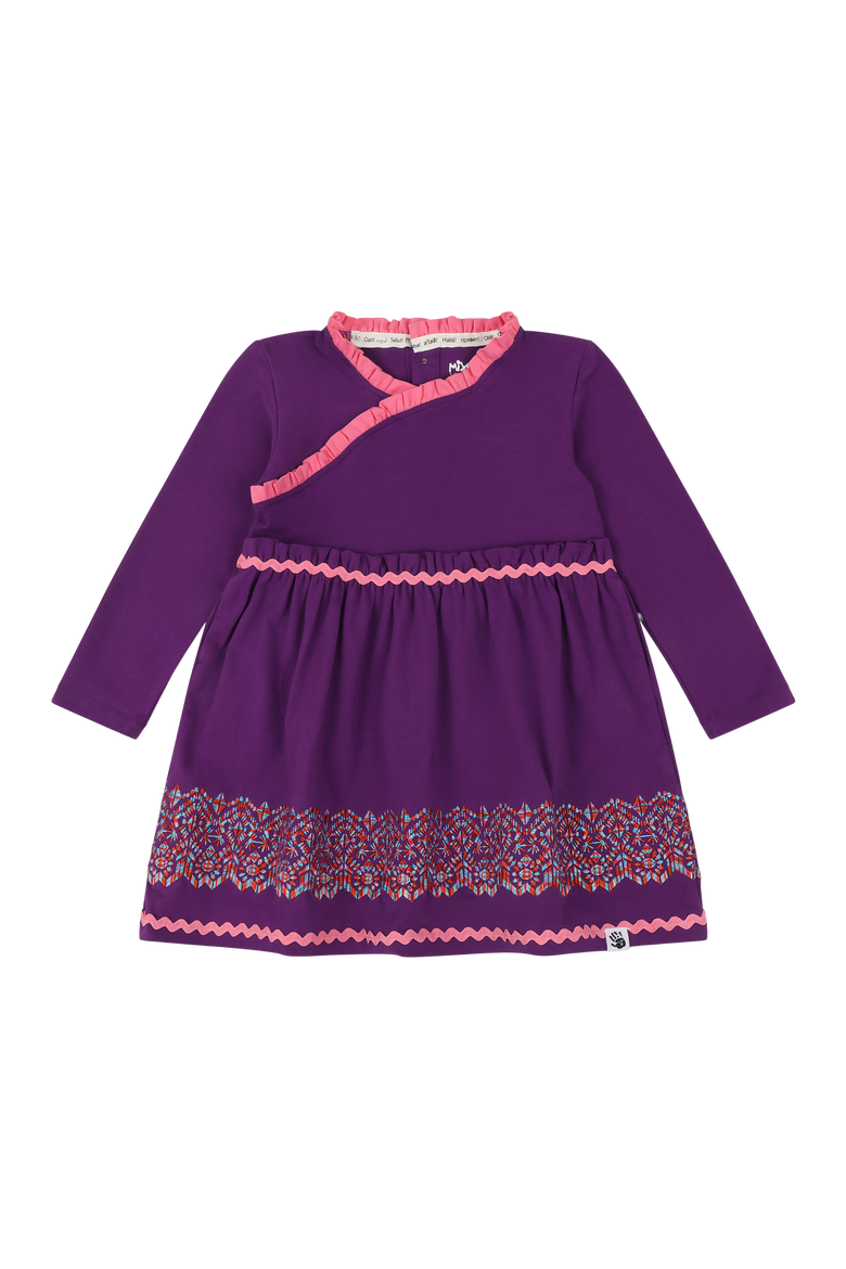 Girls Long Sleeve Ruffle Trim Dress, Main, color, Purple Multicolor