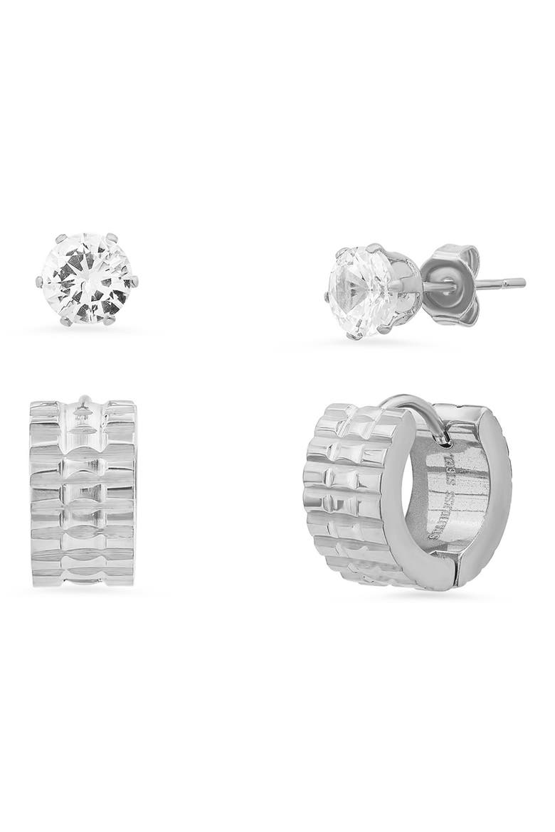 Set of 2 CZ Stud & Huggie Earrings, Main, color, METALLIC