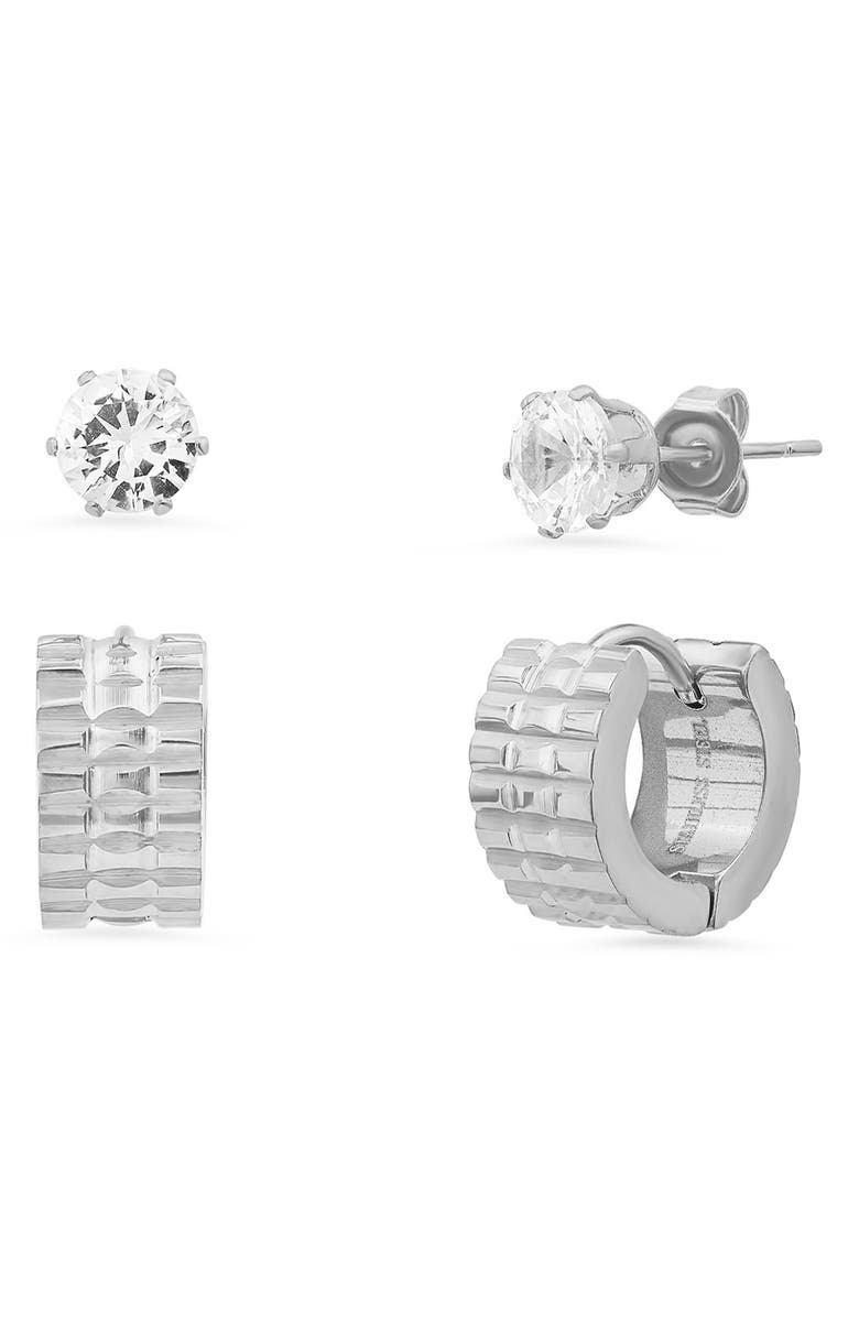 HMY JEWELRY Set of 2 CZ Stud & Huggie Earrings, Main, color, 