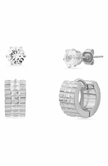 HMY JEWELRY Set of 2 CZ Stud & Huggie Earrings