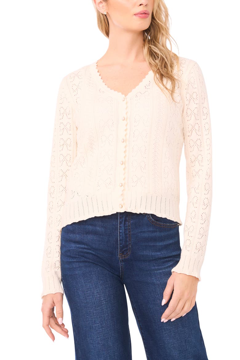 Pointelle Stitch Bow Cotton Cardigan, Main, color, EGGNOG