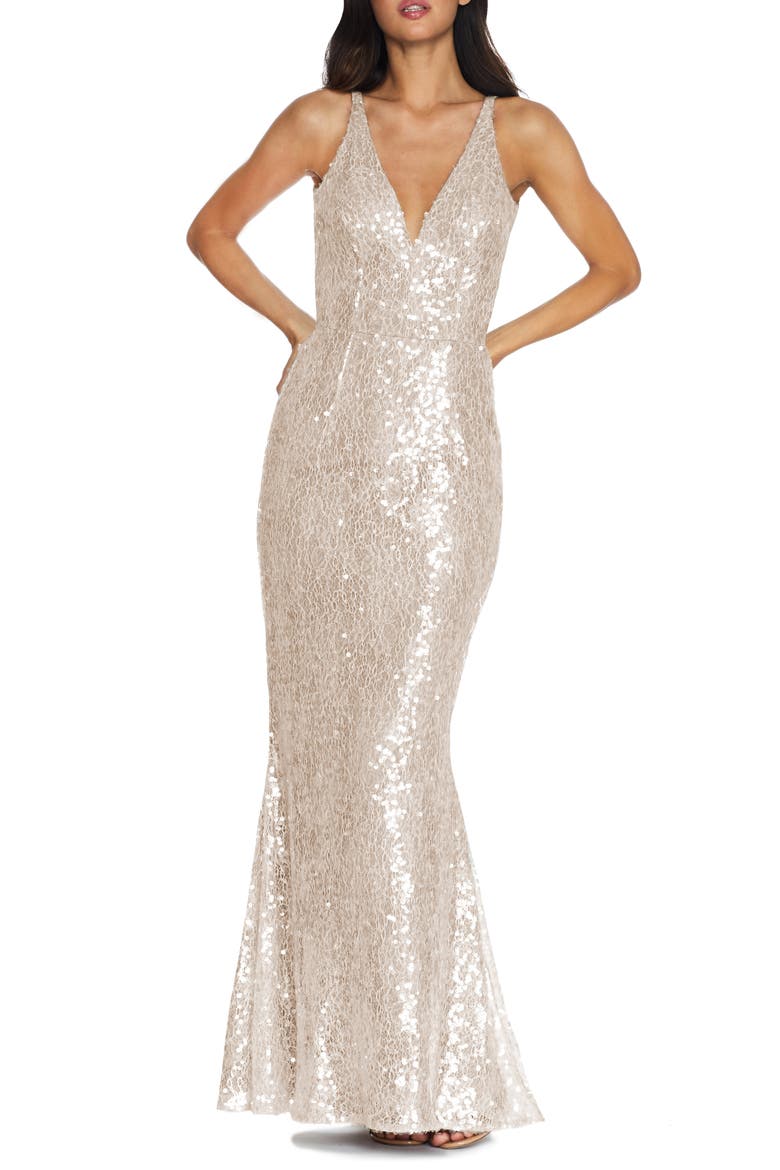 Sharon Lace Sequin Plunge Neck Mermaid Gown, Main, color, OFF WHITE
