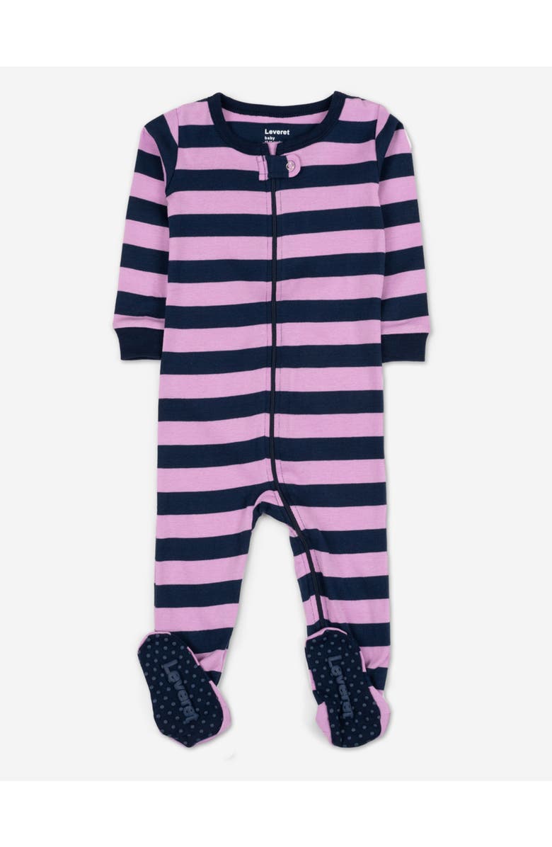 Leveret Kids Footed Striped Cotton Matching Family Pajamas, Main, color, Purple & Navy