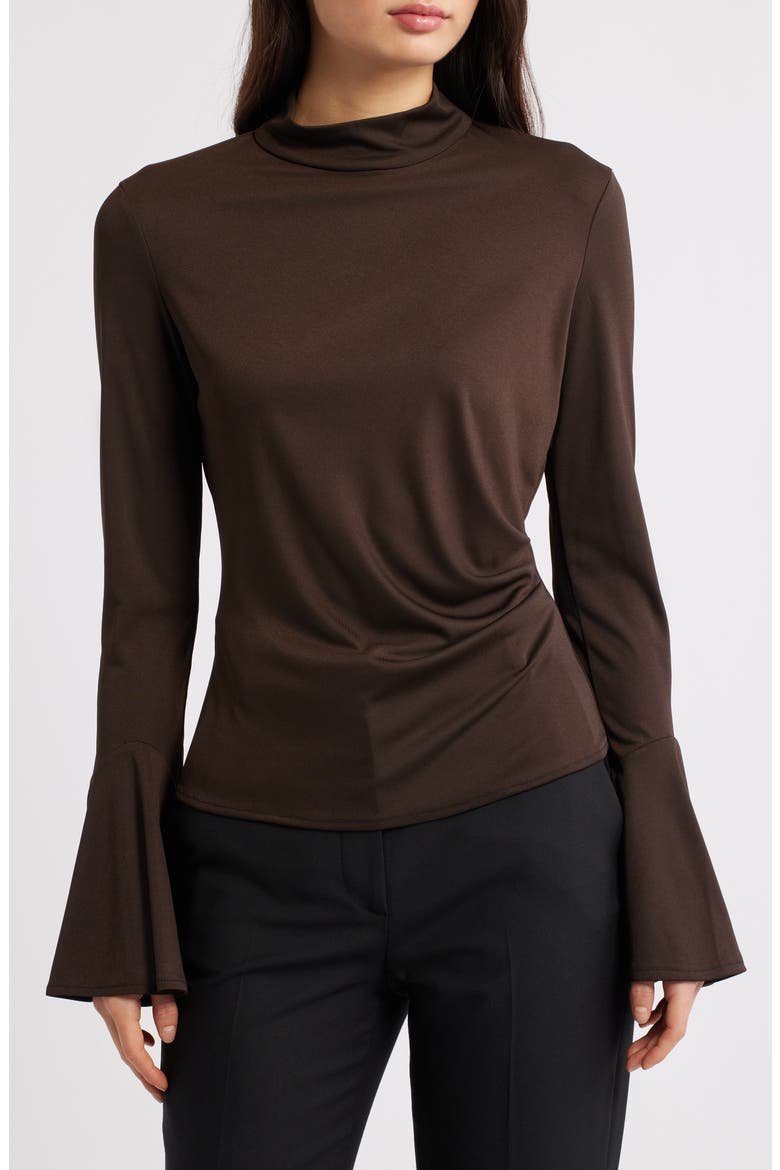 Ruched Bell Sleeve Top, Main, color, BROWN
