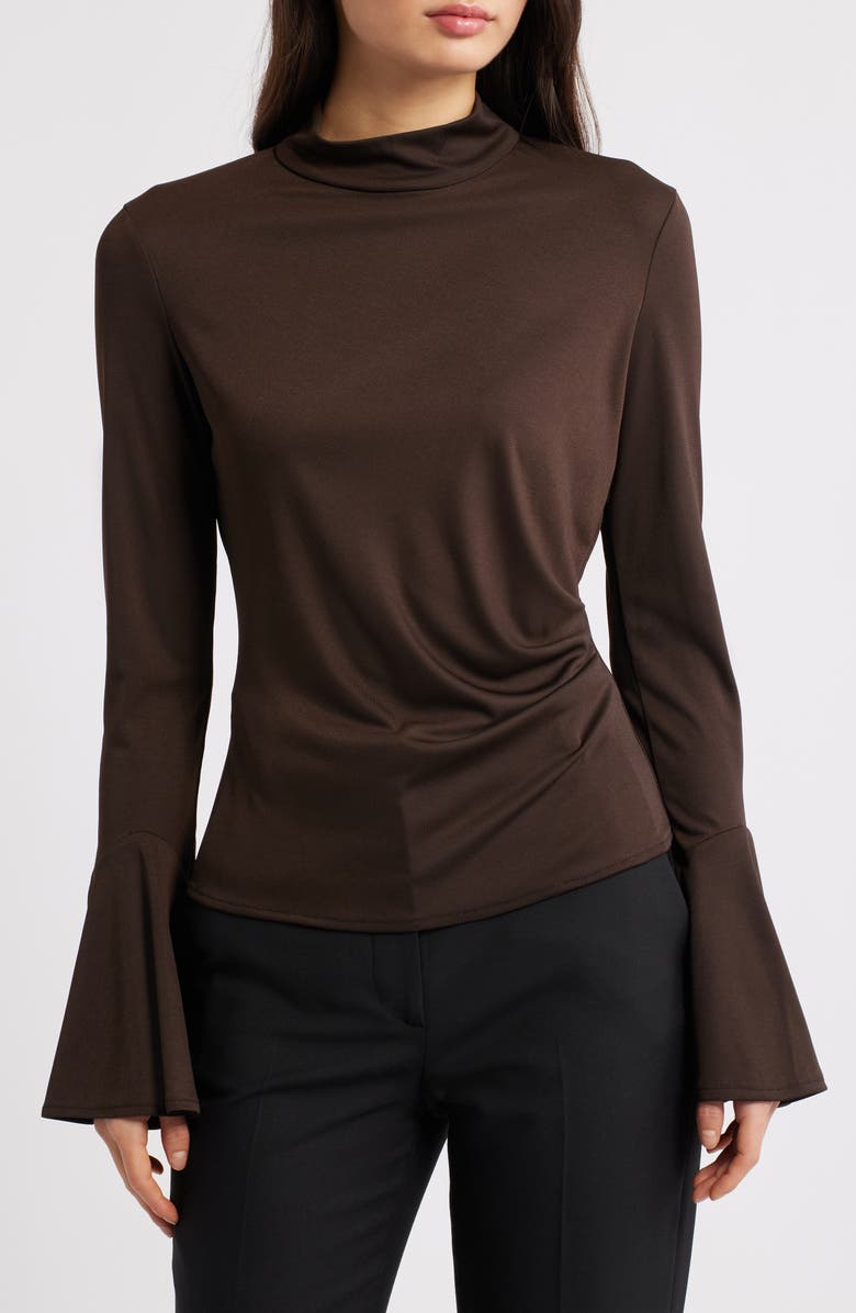 MANGO Ruched Bell Sleeve Top, Main, color, Brown