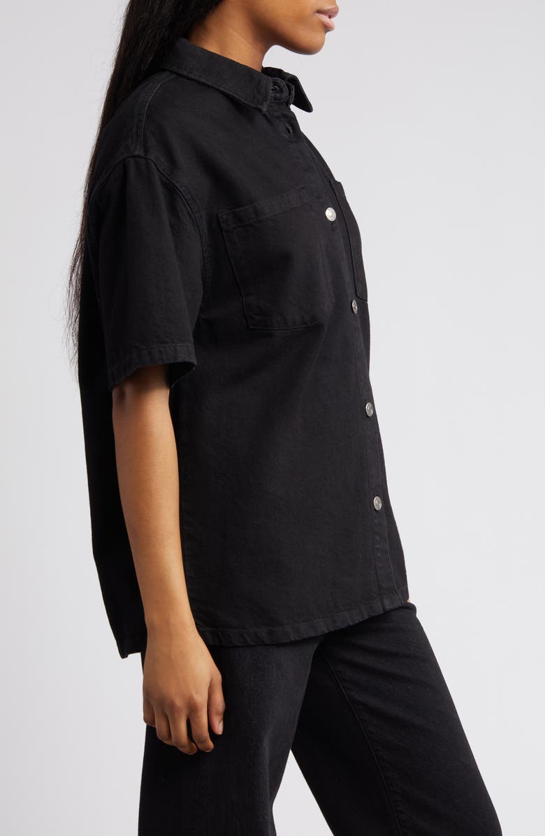 ASOS DESIGN Elbow Sleeve Longline Denim Button-Up Shirt, Alternate, color, 
