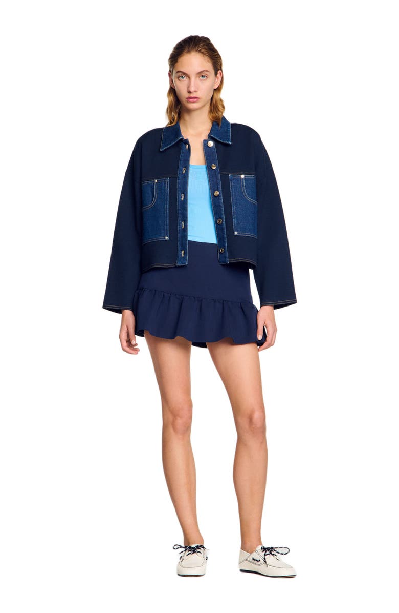 SANDRO Denim detail cardigan, Alternate, color, Navy Blue