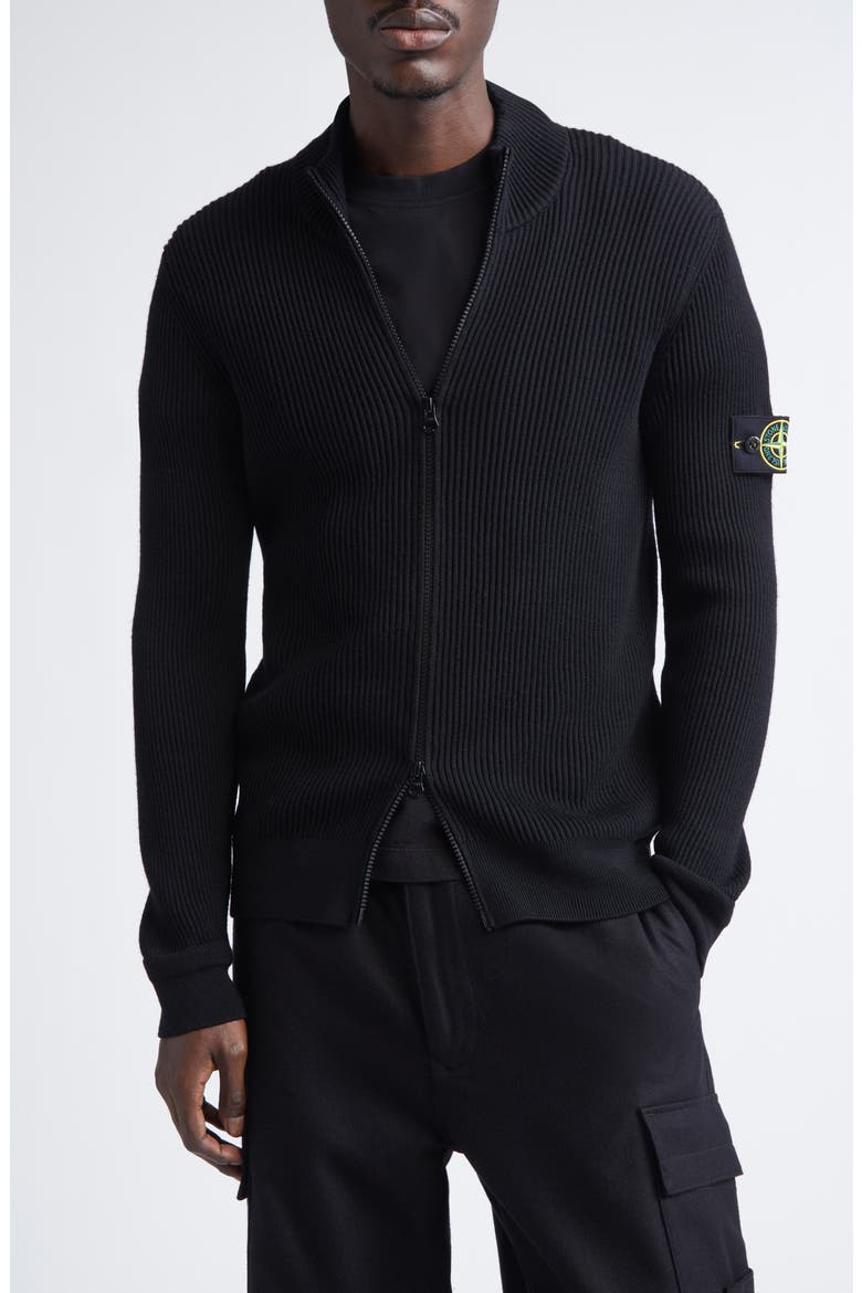 Compass Patch Full Zip Virgin Wool Rib Cardigan, Main, color, V0029 BLACK