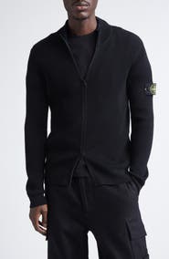 Stone Island Compass Patch Full Zip Virgin Wool Rib Cardigan