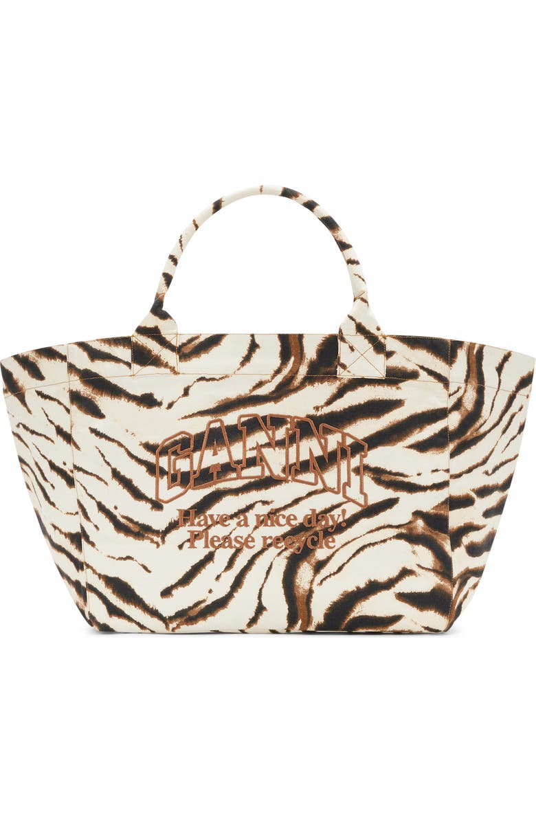 Ganni XXL Zebra Print Shopper Bag, Main, color, Egret