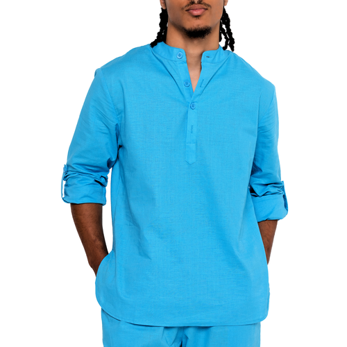Dai Moda Men's Linen Nehru Collar Shirt in Sky Blu 