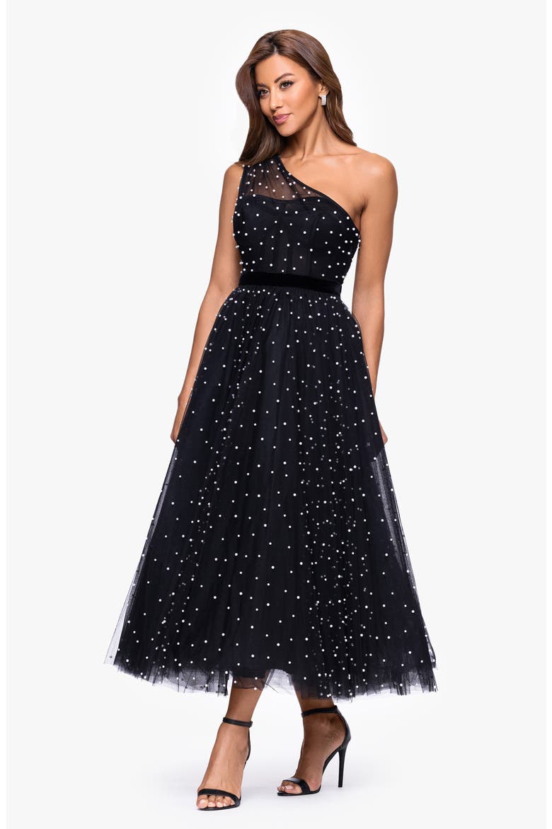 Faux Pearl One-Shoulder Tulle Cocktail Dress, Alternate, color, BLACK