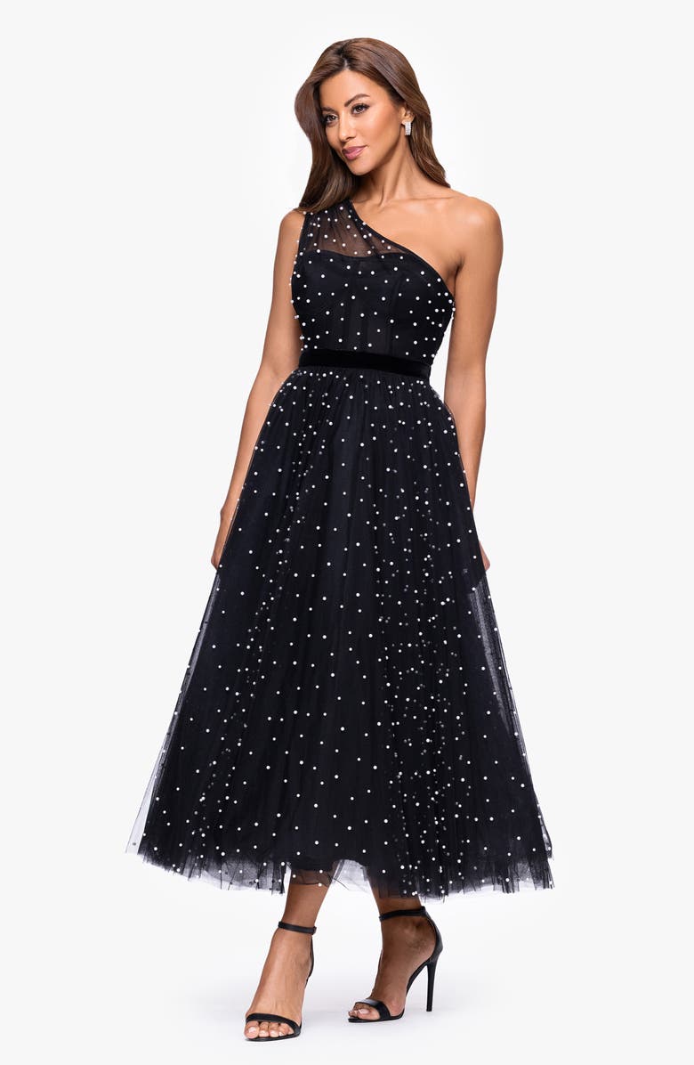 Betsy & Adam Faux Pearl One-Shoulder Tulle Cocktail Dress, Alternate, color, Black