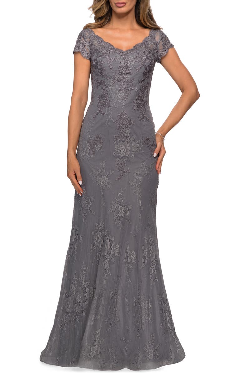 La Femme Beaded Lace A-Line Gown, Main, color, 