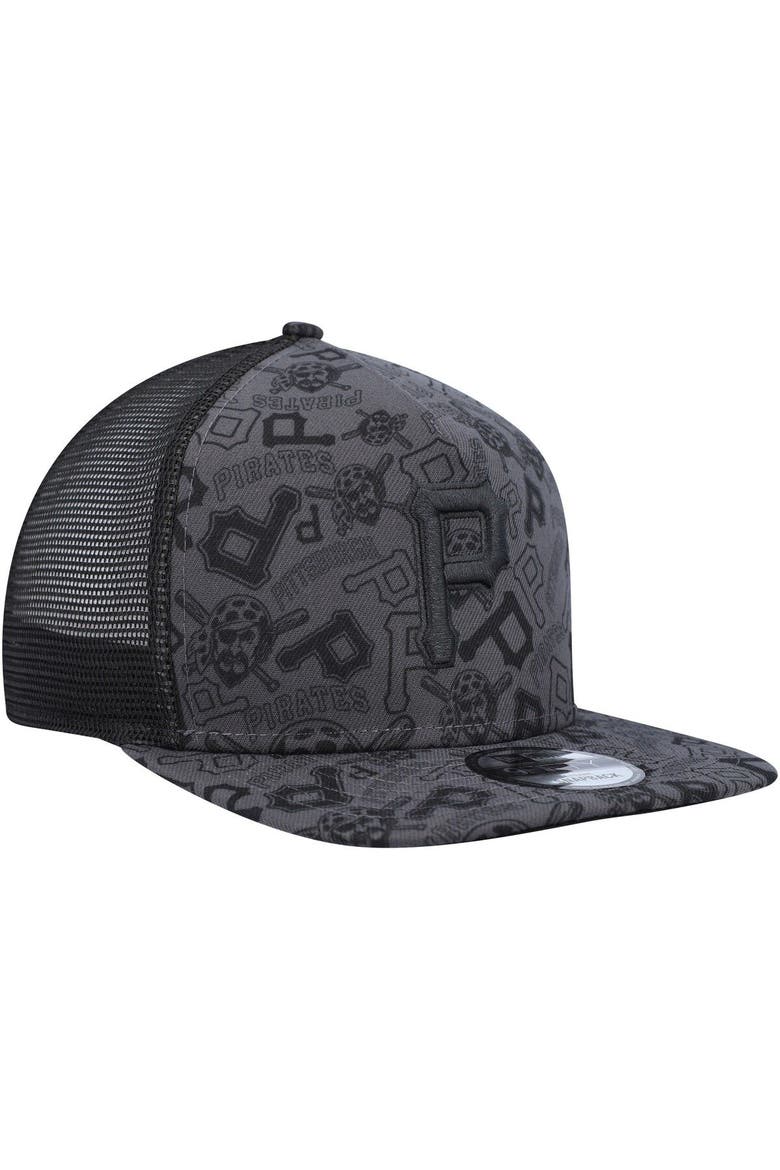 Men's New Era Black Pittsburgh Pirates Repeat A-Frame 9FIFTY Trucker Snapback Hat, Alternate, color, Black