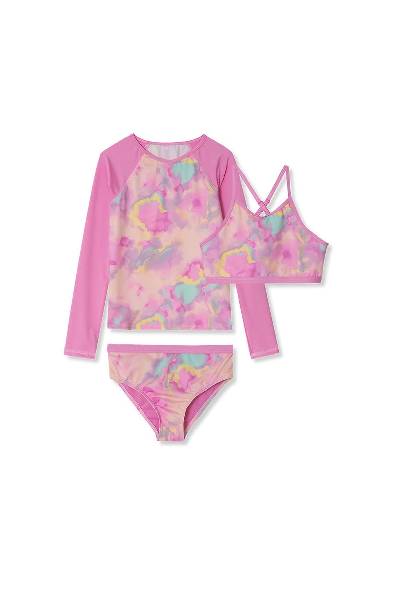 Big Girls 3 Piece UPF 50 Sun Protection Rash Guard Set, Alternate, color, Pink Marble