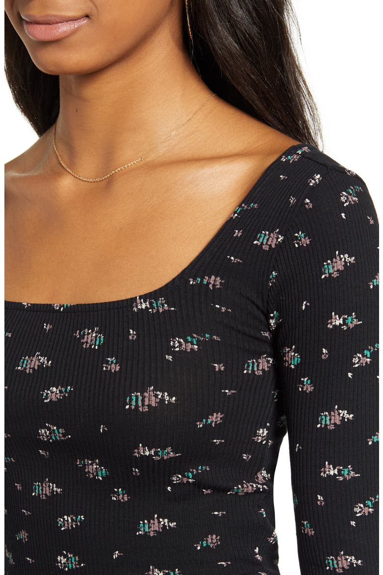 Ditsy Print Ribbed Top, Alternate, color, BLACK
