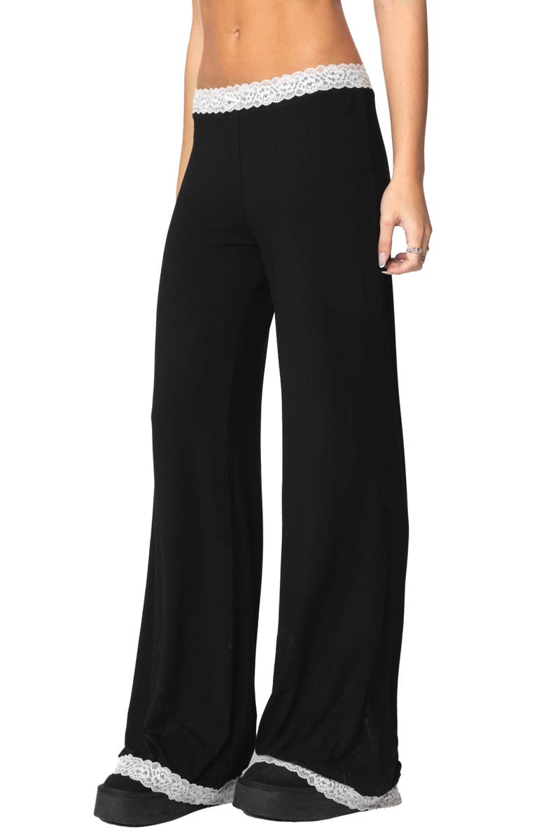 EDIKTED Domino Contrast Lace Trim Wide Leg Pants, Alternate, color, Black