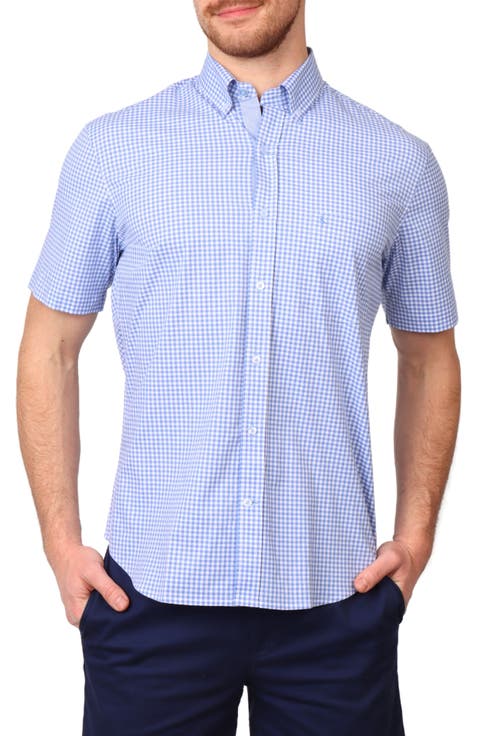 Gingham Short Sleeve Stretch Cotton Button-Up Shirt
