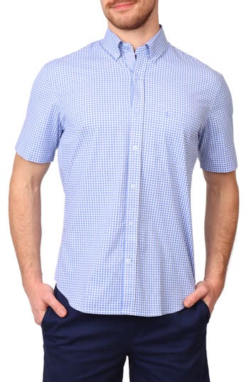 Tailorbyrd Gingham Short Sleeve Stretch Cotton Button-up Shirt In Light Blue