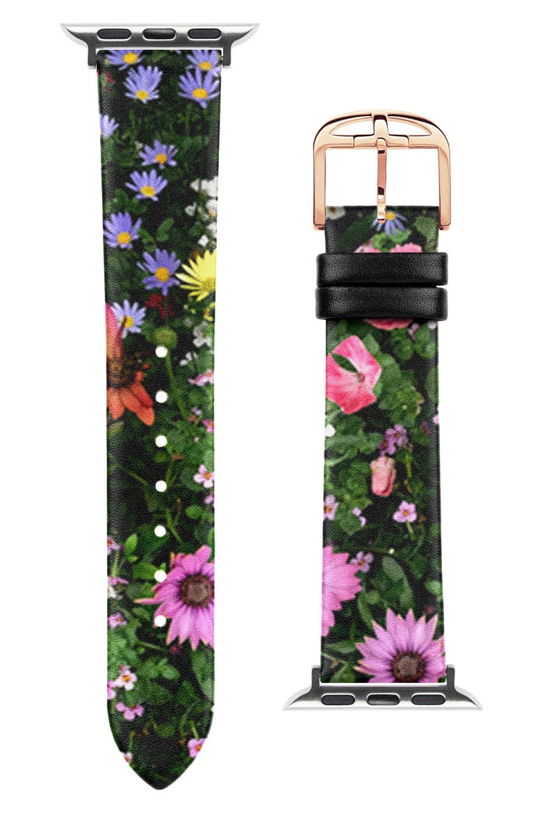 Floral Leather 20mm Band for Apple Watch® Watchband, Main, color, BLACK FLORAL PRINT