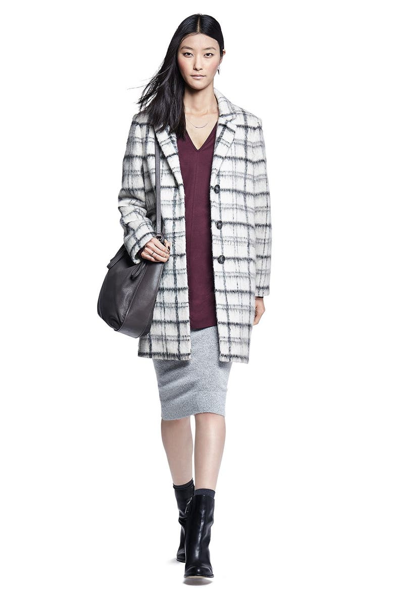Notch Collar Plaid Reefer Coat, Alternate, color, IVORY/ BLACK