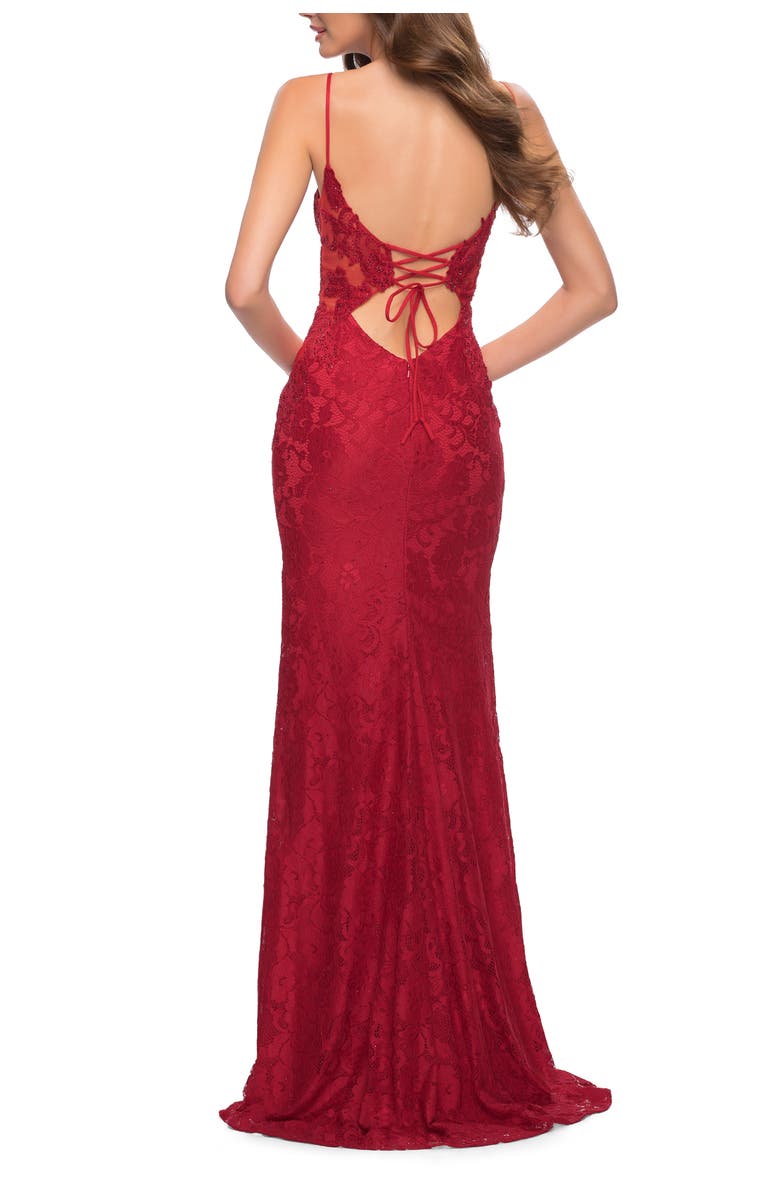 La Femme Sleek Lace Long Dress with Sheer Sides and Open Back, Alternate, color, Red