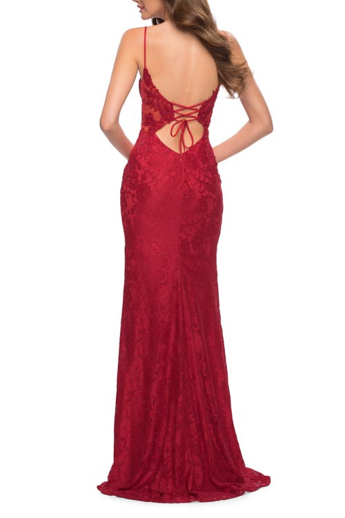 La Femme Sleek Lace Long Dress With Sheer Sides And Open Back