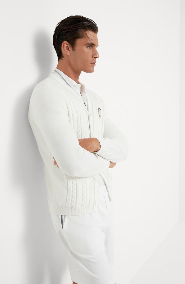 Brunello Cucinelli Cotton cable knit cardigan with tennis badge, Alternate, color, 