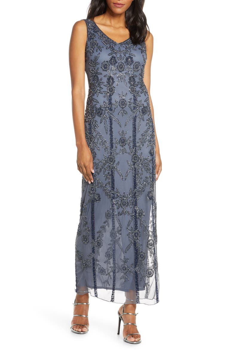 Beaded Mesh Gown, Main, color, GREY