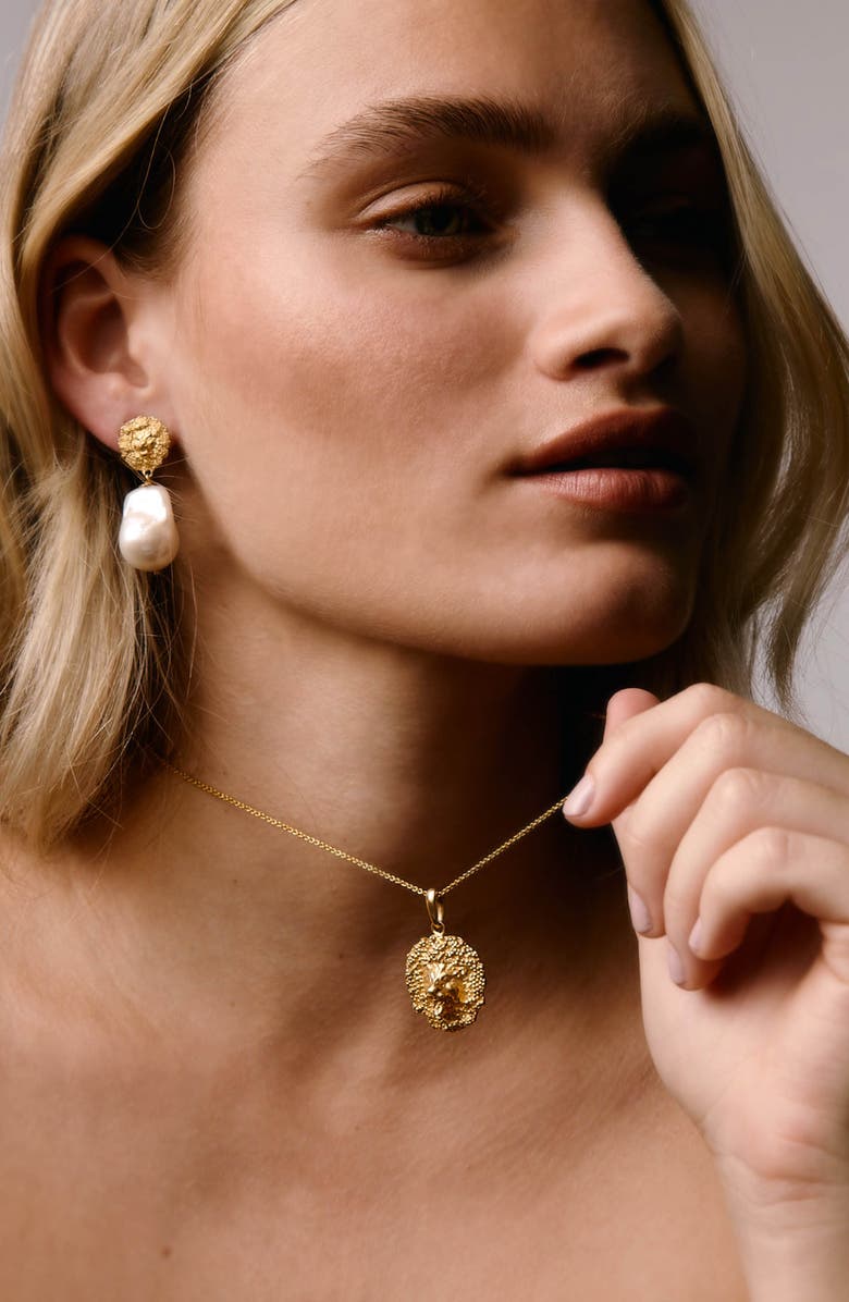 Freya Rose Lion Pearl Drop Earrings, Alternate, color, Gold