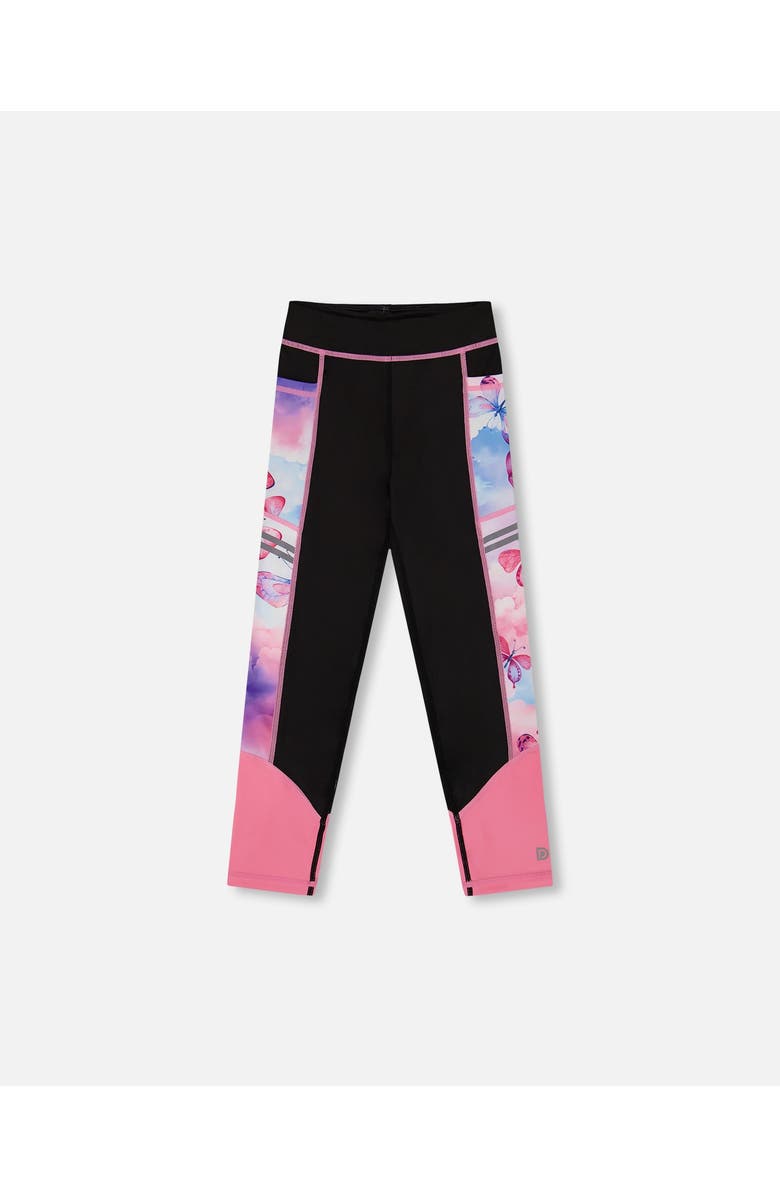 Deux par Deux Girl's Colorblock Athletic Leggings Black And Multicolored Butterflies, Main, color, 