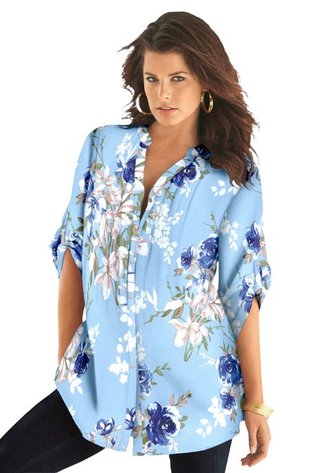 Pintuck Tunic Blouse Y-Neck & Roll-Tab Sleeves (Plus)