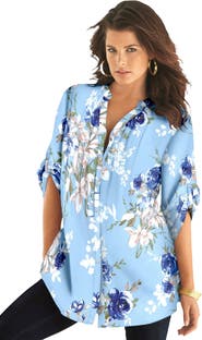 Roaman's Pintuck Tunic Blouse Y-Neck & Roll-Tab Sleeves